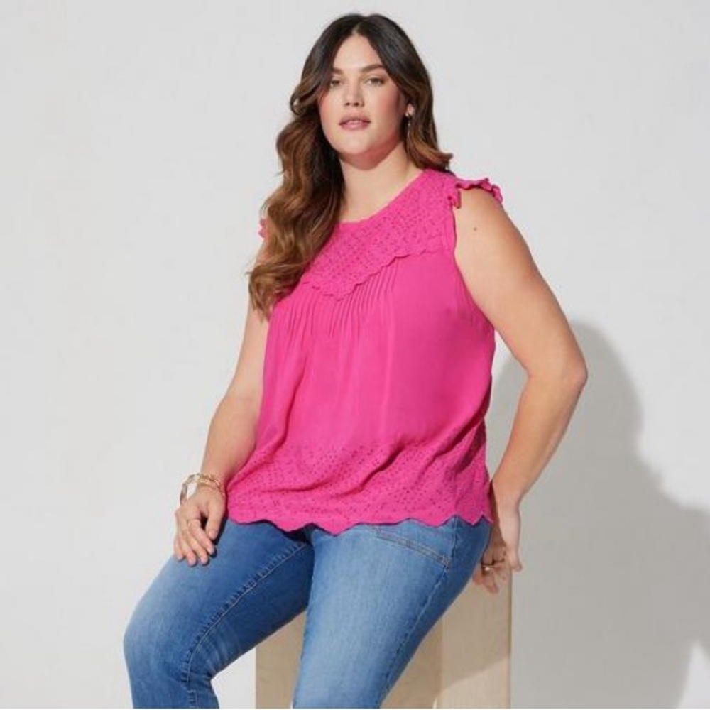 Torrid Eyelet Ruffle Sleeveless Blouse Boho Brunch Summer Pink‎ Vibrant Size 2X